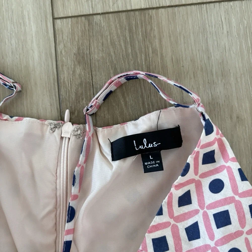 LuLu's Women's Charming Desire Pink Geo Print Ruched Sleeveless Mini Dress SZ L